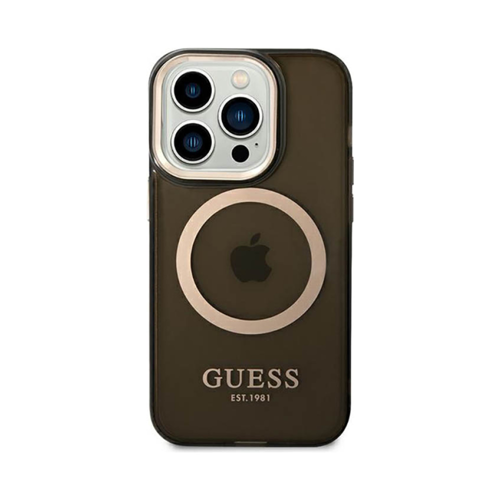 Coque iPhone 14 Pro Guess Gold Outline Translucent MagSafe noire — visuel 3
