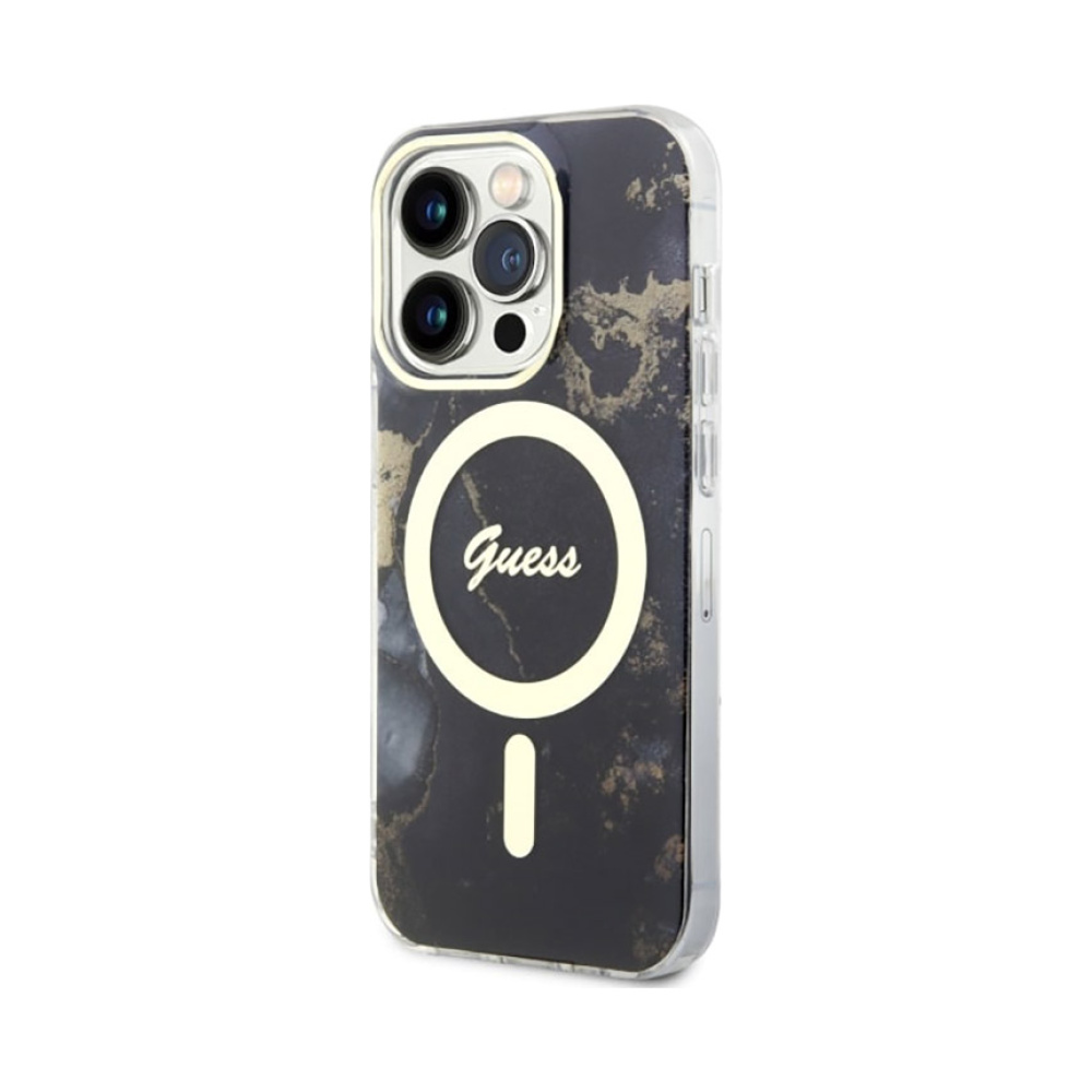 Coque iPhone 14 Pro Guess Golden Marble MagSafe noire — visuel 2