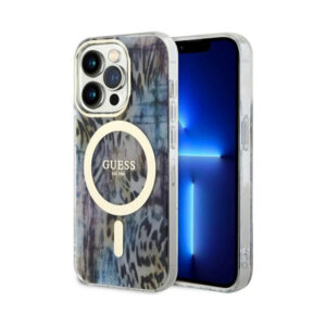 Coque iPhone 14 Pro Guess Leopard MagSafe bleue