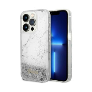Coque iPhone 14 Pro Guess Liquid Glitter Marble blanche