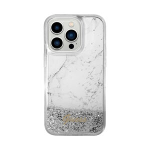 Coque iPhone 14 Pro Guess Liquid Glitter Marble blanche — visuel 3