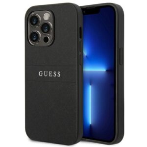 Coque iPhone 14 Pro Guess Saffiano Metal Logo Stripes noire
