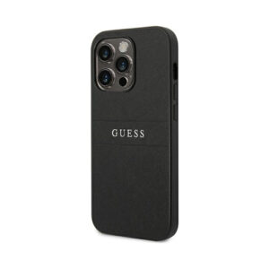 Coque iPhone 14 Pro Guess Saffiano Metal Logo Stripes noire — visuel 2