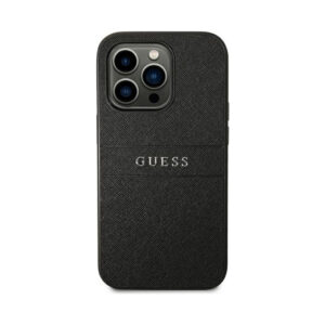 Coque iPhone 14 Pro Guess Saffiano Metal Logo Stripes noire — visuel 3
