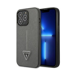 Coque iPhone 14 Pro Guess Saffiano Triangle Logo Case argentée