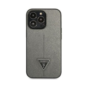 Coque iPhone 14 Pro Guess Saffiano Triangle Logo Case argentée — visuel 3