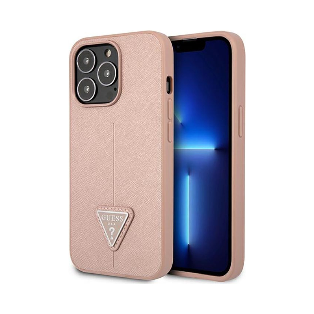 Coque iPhone 14 Pro Guess Saffiano Triangle Logo Case rose