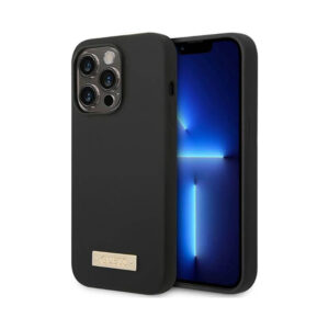 Coque iPhone 14 Pro Guess Silicone Logo Plate MagSafe noire