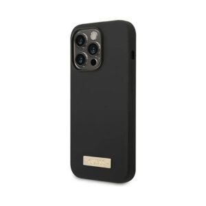 Coque iPhone 14 Pro Guess Silicone Logo Plate MagSafe noire — visuel 2