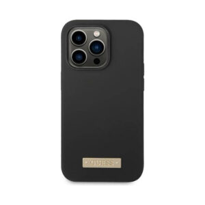 Coque iPhone 14 Pro Guess Silicone Logo Plate MagSafe noire — visuel 3
