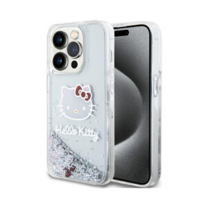 Coque iPhone 14 Pro Hello Kitty Liquid Glitter Charms Kitty Head argentée