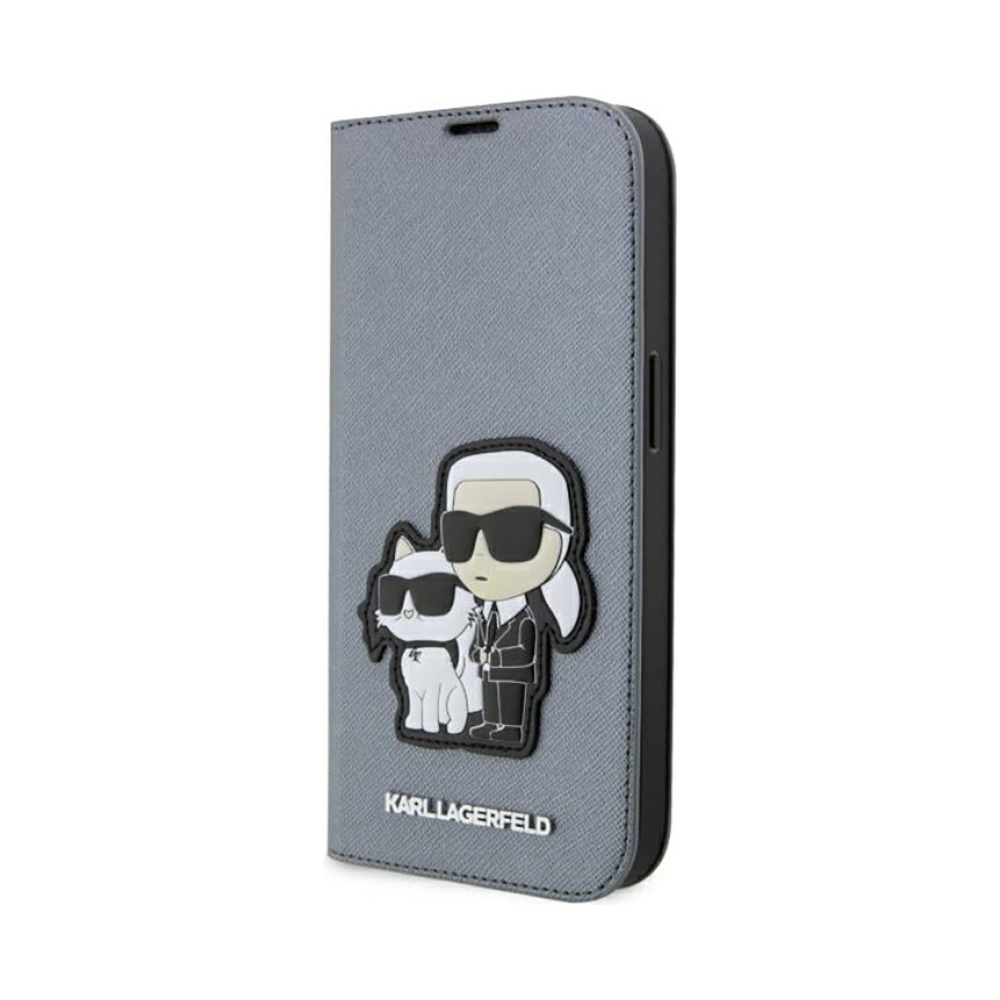 Coque iPhone 14 Pro Karl Lagerfeld Booktype NFT Saffiano Karl & Choupette argentée