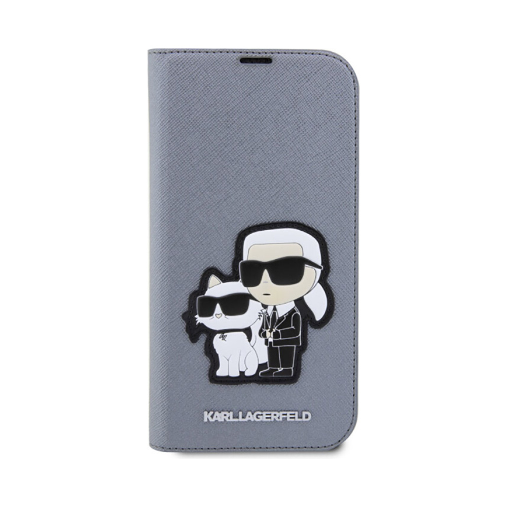 Coque iPhone 14 Pro Karl Lagerfeld Booktype NFT Saffiano Karl & Choupette argentée — visuel 3
