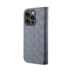 Coque iPhone 14 Pro Karl Lagerfeld Booktype Saffiano Monogram grise — visuel 2