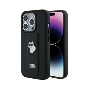 Coque iPhone 14 Pro Karl Lagerfeld Gripstand Saffiano Choupette Pins noire