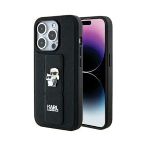 Coque iPhone 14 Pro Karl Lagerfeld Gripstand Saffiano Karl & Choupette Pins noire