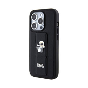 Coque iPhone 14 Pro Karl Lagerfeld Gripstand Saffiano Karl & Choupette Pins noire — visuel 2