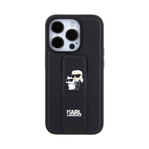 Coque iPhone 14 Pro Karl Lagerfeld Gripstand Saffiano Karl & Choupette Pins noire — visuel 3