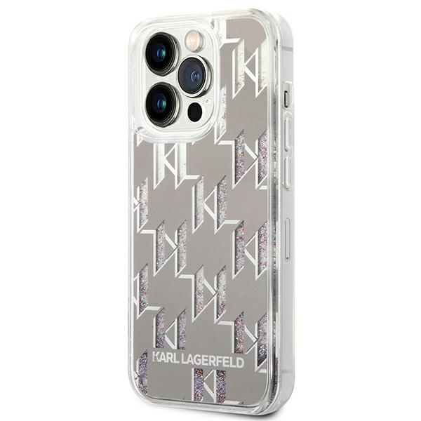 Coque iPhone 14 Pro Karl Lagerfeld Monogram Liquid Glitter argentée — visuel 2