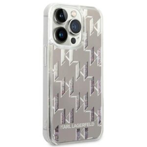 Coque iPhone 14 Pro Karl Lagerfeld Monogram Liquid Glitter argentée — visuel 4
