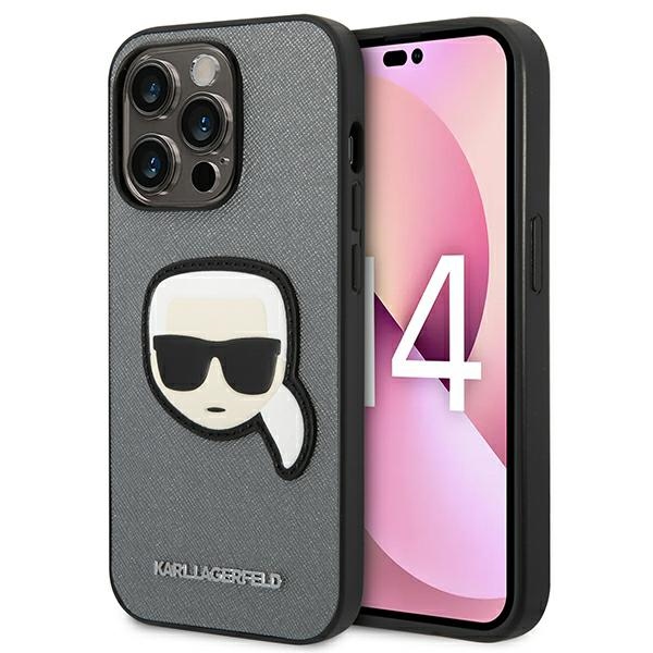 Coque iPhone 14 Pro Karl Lagerfeld Saffiano Karl Head Patch Case argentée