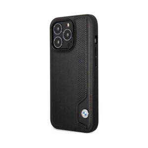 Coque iPhone 14 Pro Max BMW Leather Blue Dots noire — visuel 2