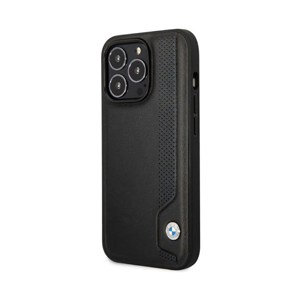 Coque iPhone 14 Pro Max BMW Leather Blue Dots noire — visuel 2
