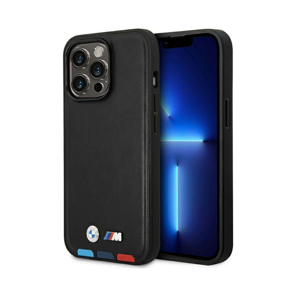 Coque iPhone 14 Pro Max BMW Leather Hot Stamp Tricolor MagSafe noire