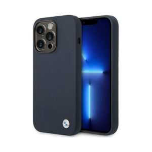 Coque iPhone 14 Pro Max BMW Liquid Silicone Case Metal Logo MagSafe bleu marine