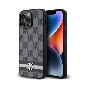 Coque iPhone 14 Pro Max DKNY Leather Checkered Mono Pattern & Printed Stripes noire