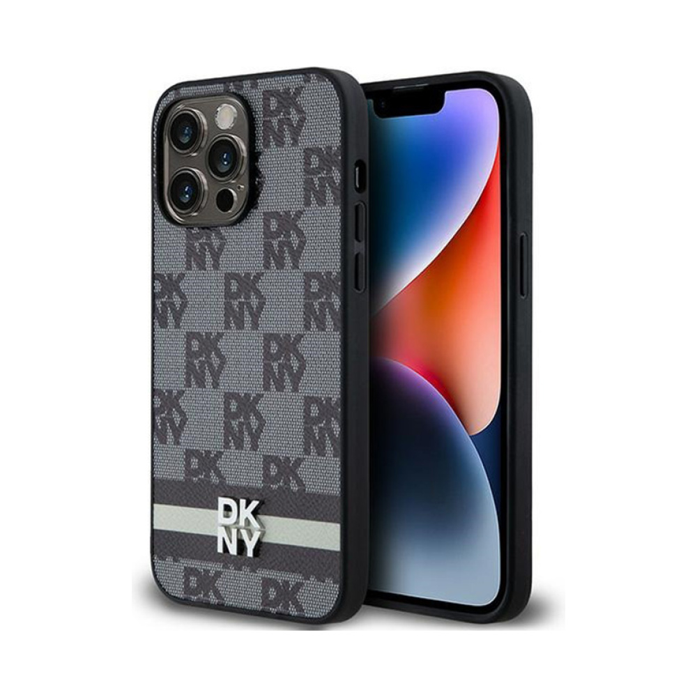 Coque iPhone 14 Pro Max DKNY Leather Checkered Mono Pattern & Printed Stripes noire