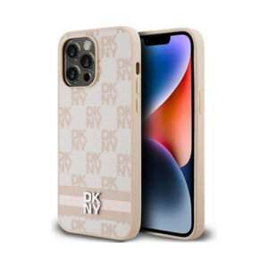 Coque iPhone 14 Pro Max DKNY Leather Checkered Mono Pattern & Printed Stripes rose