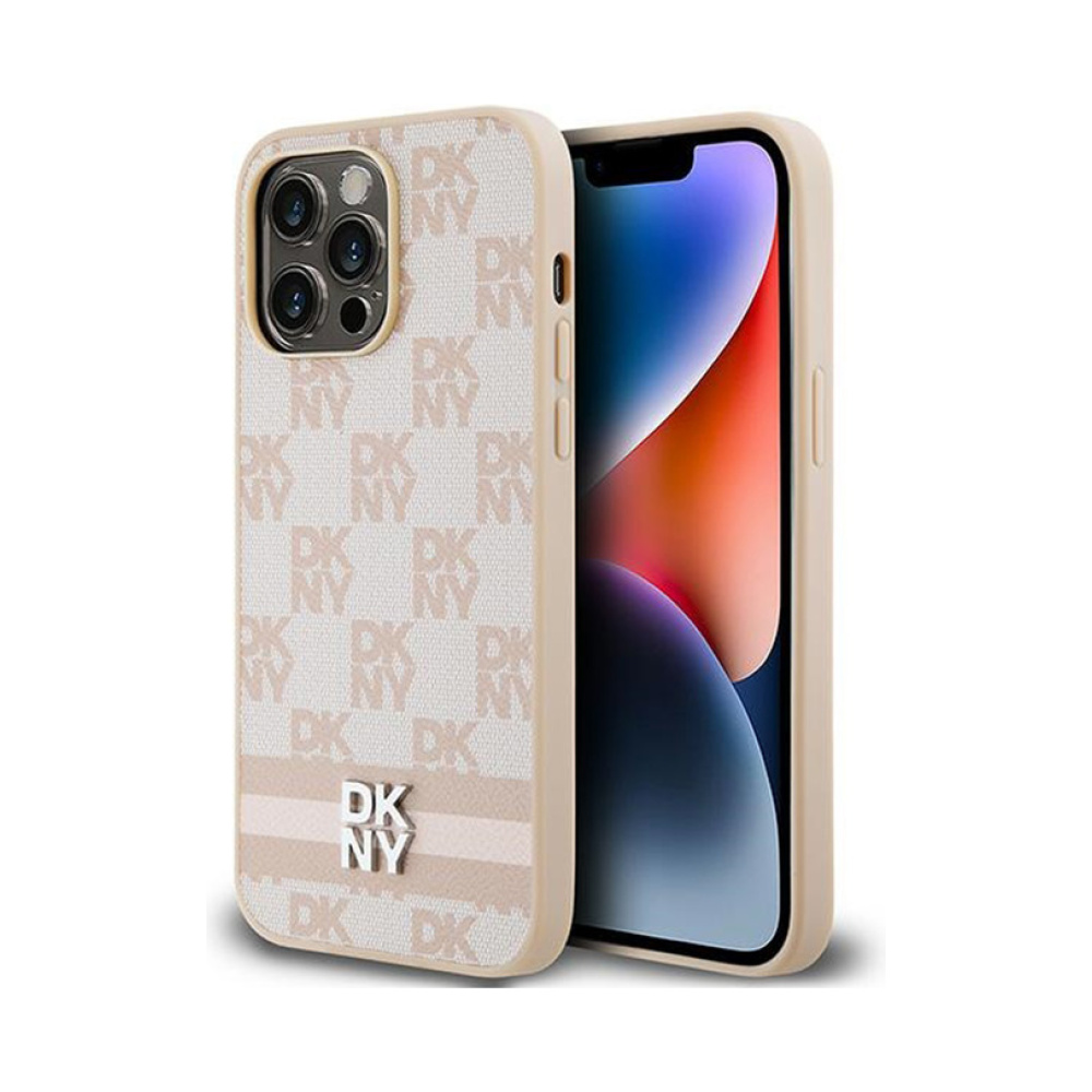 Coque iPhone 14 Pro Max DKNY Leather Checkered Mono Pattern & Printed Stripes rose