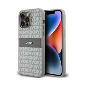 Coque iPhone 14 Pro Max DKNY Leather Mono Stripe & Metal Logo beige