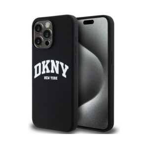 Coque iPhone 14 Pro Max DKNY Liquid Silicone White Printed Logo MagSafe noire