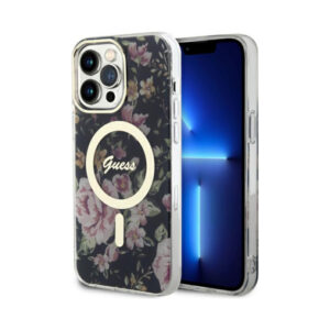 Coque iPhone 14 Pro Max Guess Flower MagSafe noire