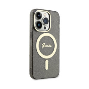 Coque iPhone 14 Pro Max Guess Glitter Gold MagSafe noire — visuel 4