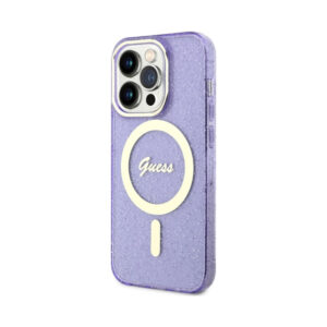 Coque iPhone 14 Pro Max Guess Glitter Gold MagSafe violette — visuel 2