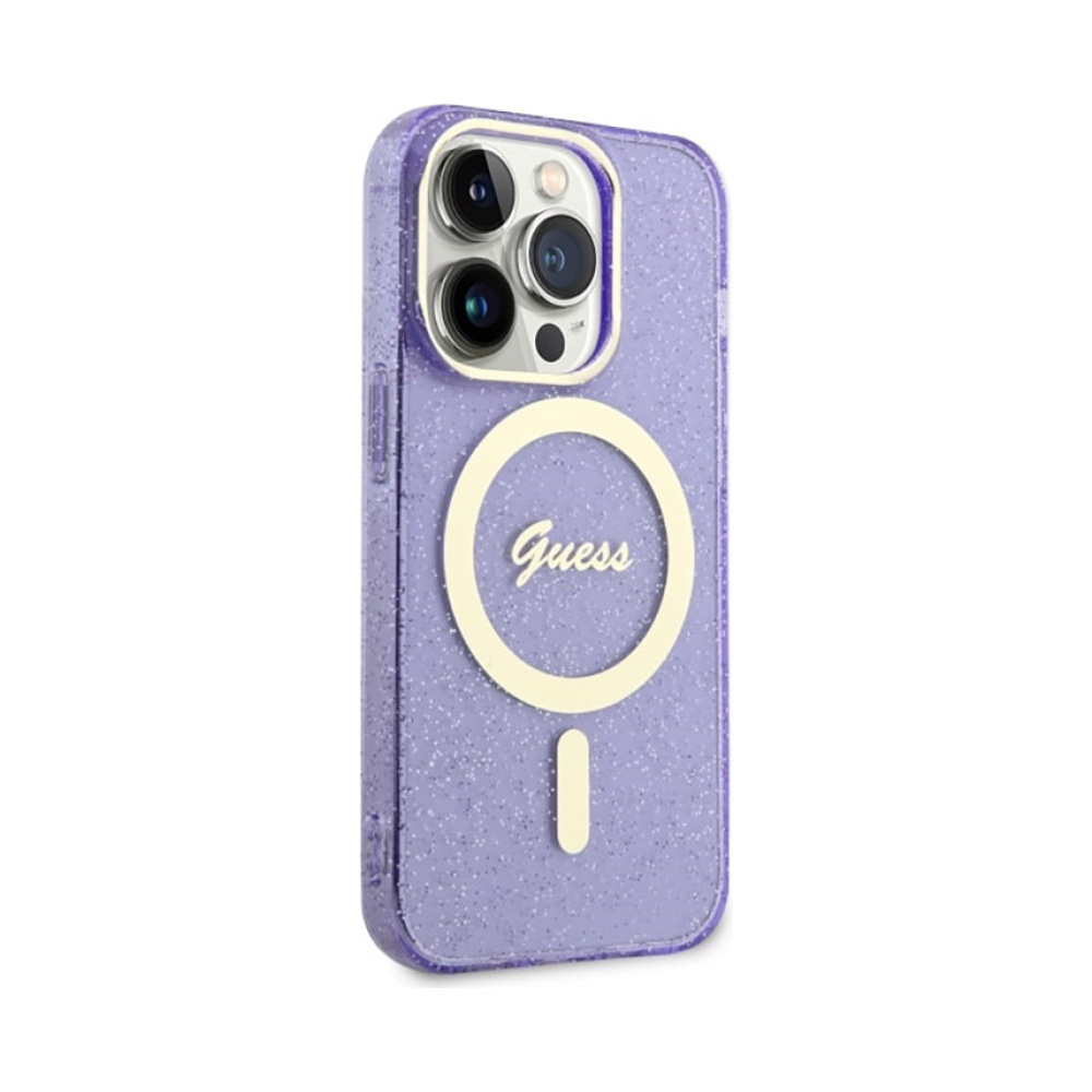 Coque iPhone 14 Pro Max Guess Glitter Gold MagSafe violette — visuel 4