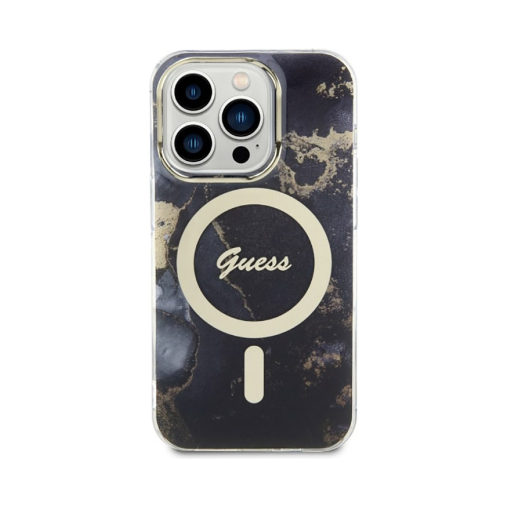 Coque iPhone 14 Pro Max Guess Golden Marble MagSafe noire — visuel 3