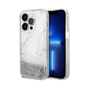 Coque iPhone 14 Pro Max Guess Liquid Glitter Marble blanche
