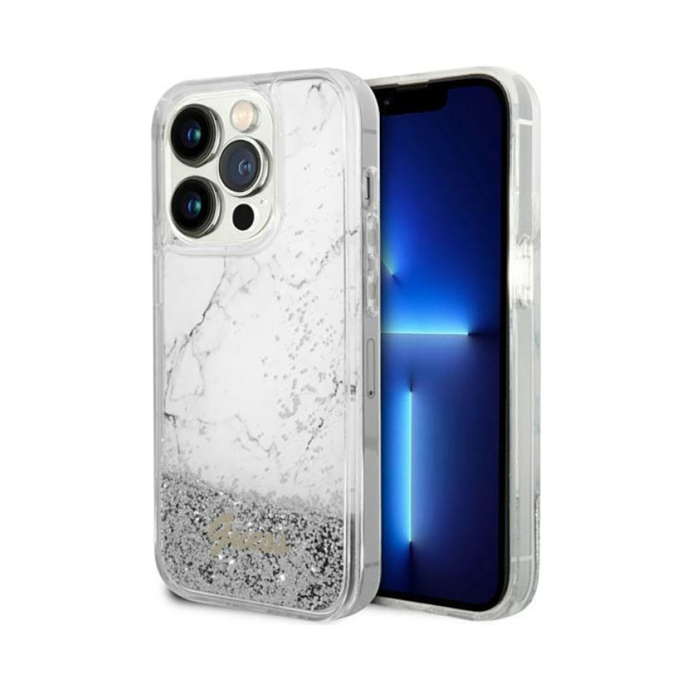 Coque iPhone 14 Pro Max Guess Liquid Glitter Marble blanche