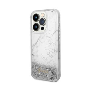 Coque iPhone 14 Pro Max Guess Liquid Glitter Marble blanche — visuel 2