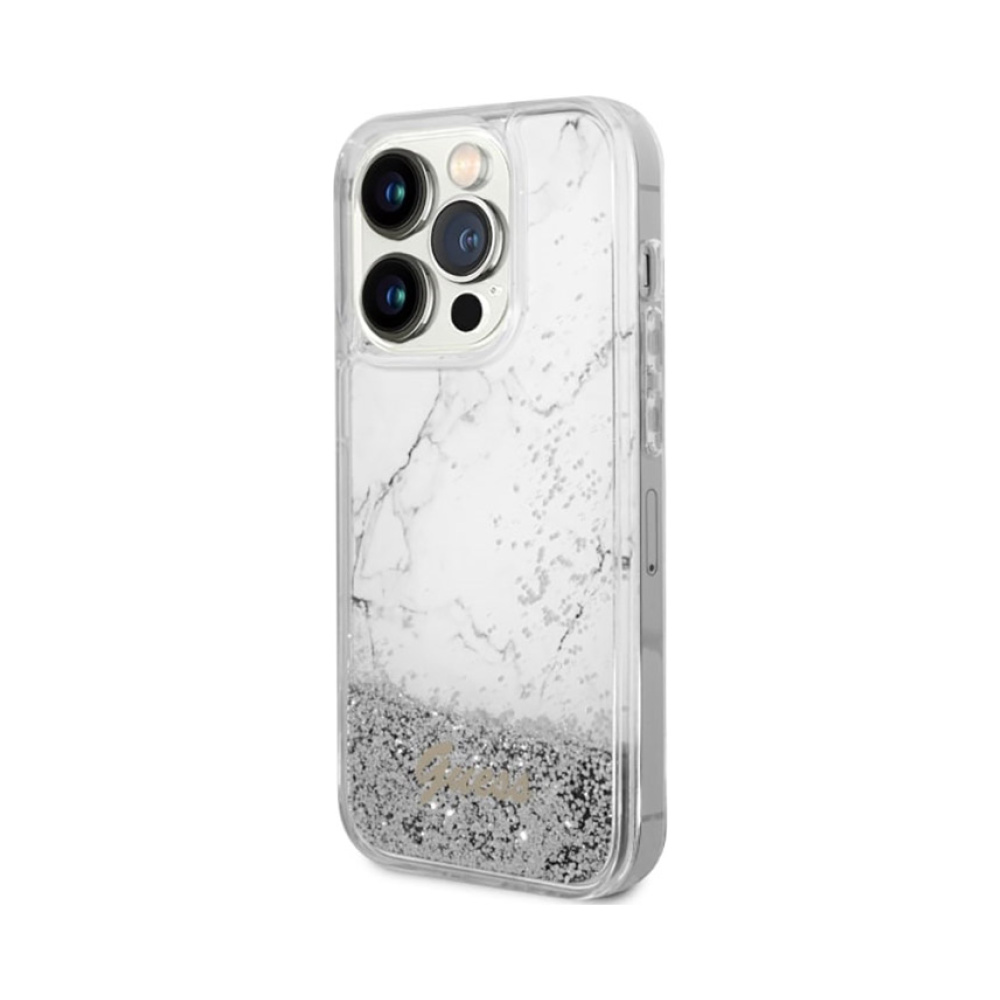 Coque iPhone 14 Pro Max Guess Liquid Glitter Marble blanche — visuel 2