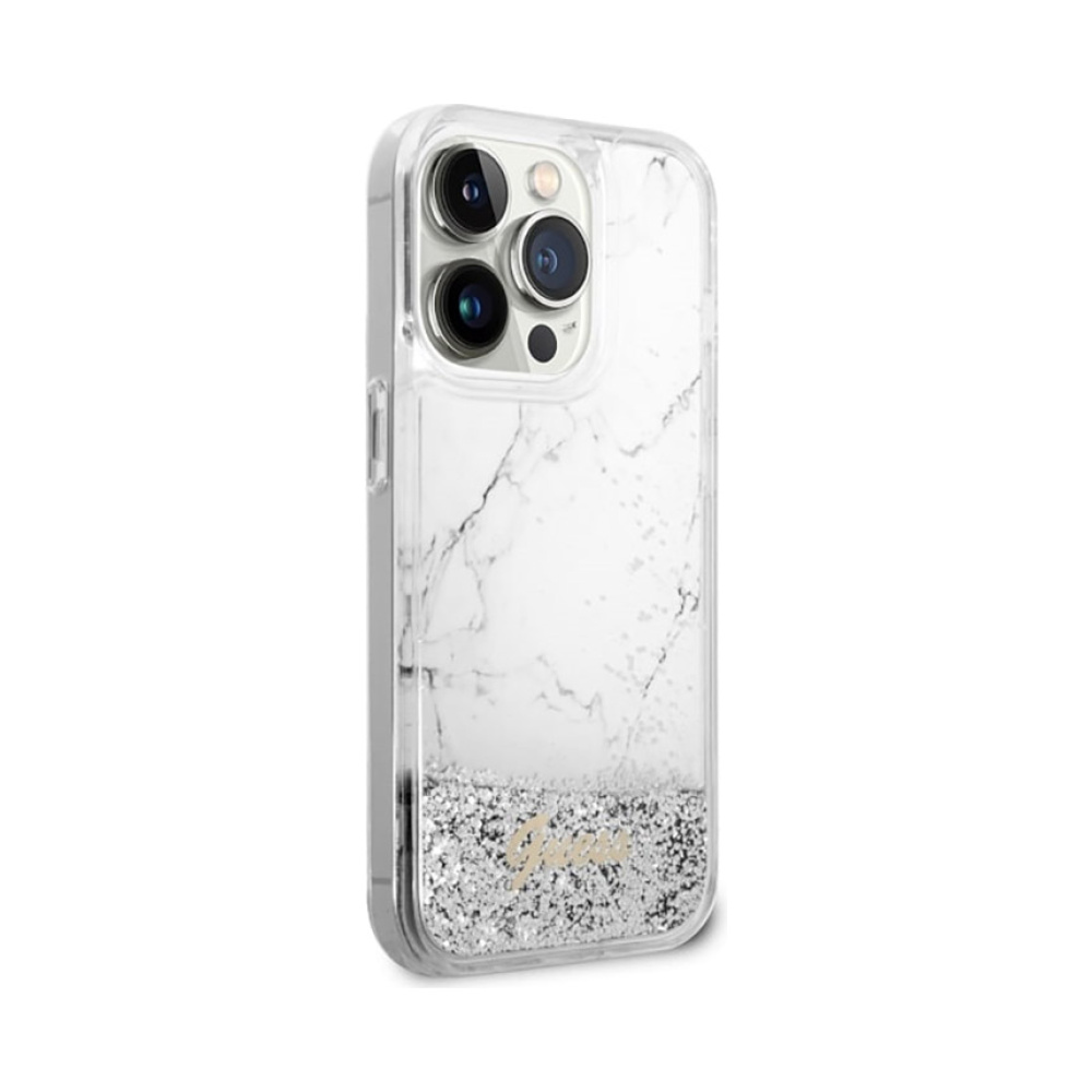 Coque iPhone 14 Pro Max Guess Liquid Glitter Marble blanche — visuel 4
