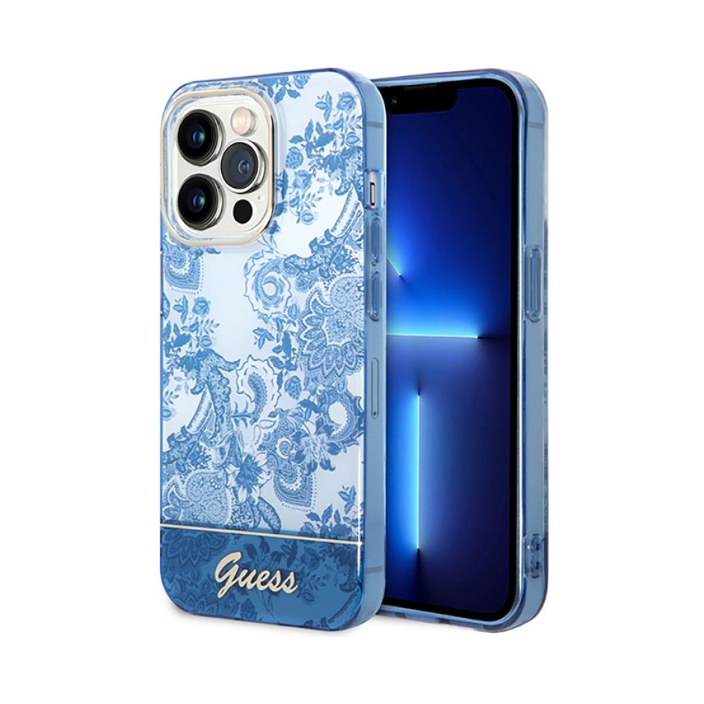 Coque iPhone 14 Pro Max Guess Porcelain Collection bleue