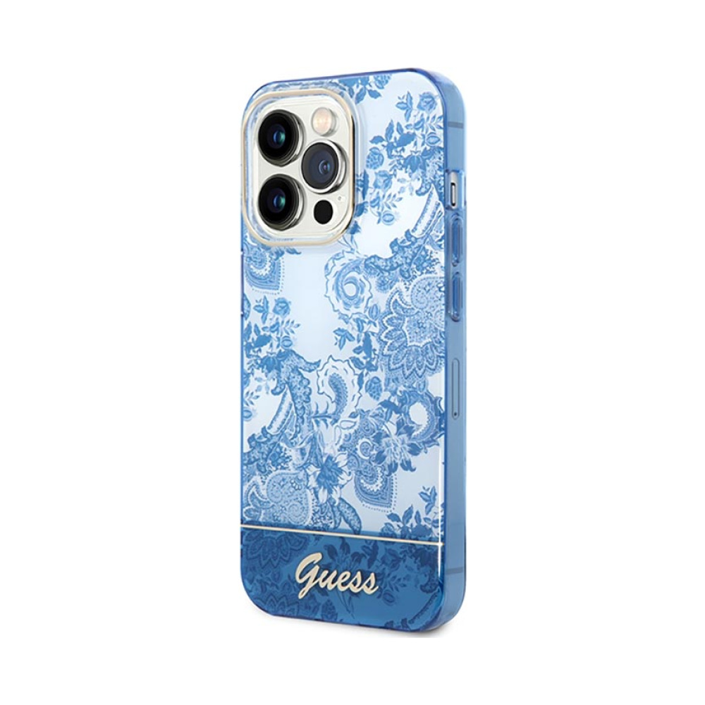 Coque iPhone 14 Pro Max Guess Porcelain Collection bleue — visuel 2