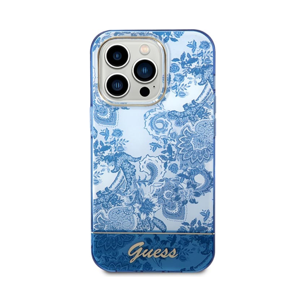 Coque iPhone 14 Pro Max Guess Porcelain Collection bleue — visuel 3