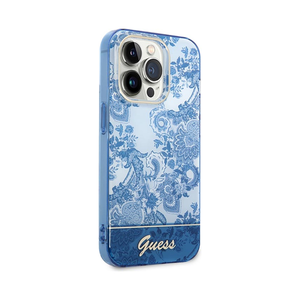 Coque iPhone 14 Pro Max Guess Porcelain Collection bleue — visuel 4