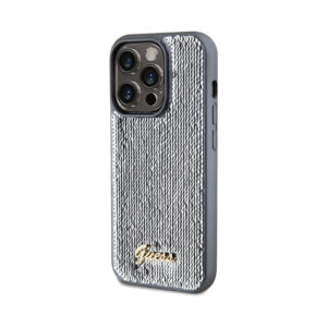 Coque iPhone 14 Pro Max Guess Sequin Script Metal argentée — visuel 2